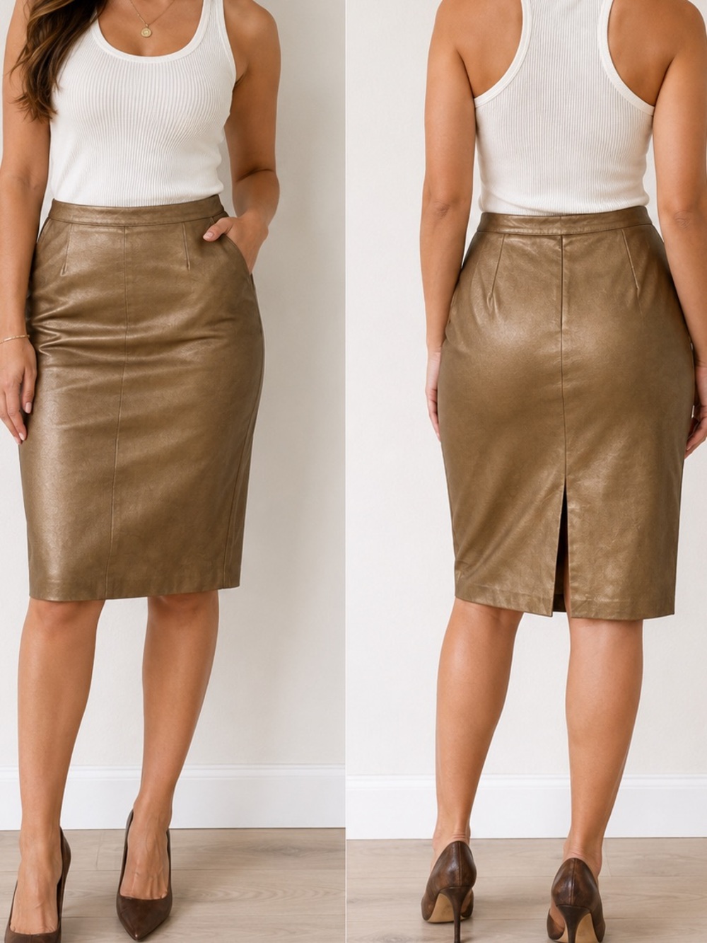NWT Vintage Lillie Rubin Tan Metallic Leather Skirt – Size 8